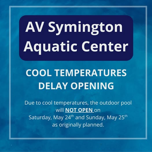 The A.V. Symington Aquatic Center will not open for the season on Saturday as originally planned, and will remain closed until Monday. 

The outdoor pool will open on Memorial Day with discounted rates of $5.00/person, regardless of Town residency.

bit.ly/4dALY2i