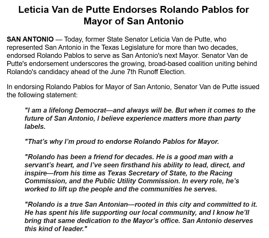 bradj_TX's tweet photo. Former state Sen. Leticia Van de Putte endorses Rolando Pablos for San Antonio mayor in the runoff. https://t.co/1LZHEG53bX