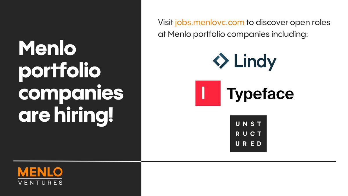 Y2Kandace's tweet image. ✨#NowHiring ✨
Looking for your next career-defining opportunity? Consider joining one of these Menlo-backed AI startups: @getlindy , @typefaceai , and @UnstructuredIO . These teams are looking for builders who want to shape the future. Apply at mnlo.vc/Careers