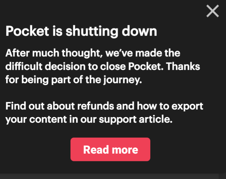 DinavPandia's tweet photo. RIP to one of the best article discovery apps

Shame that it's coz users prefer shorter content forms

#pocket #mozilla #pocketapp #articles https://t.co/Gqln1ky7xY