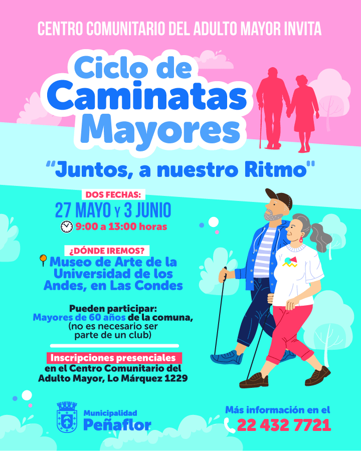 🚶‍♀️🚶‍♂️Atención adultos mayores,  Seguimos con nuestras "Caminatas Mayores"

✔️Nos vamos al Museo de Artes de la Universidad de Los Andes  🖼

 27 de Mayo y 3 de Junio ⏰️9 a 13 horas.

✍️Inscríbete en nuestro Centro Comunitario del Adulto Mayor, Lo Márquez 1229.

Más info 👇