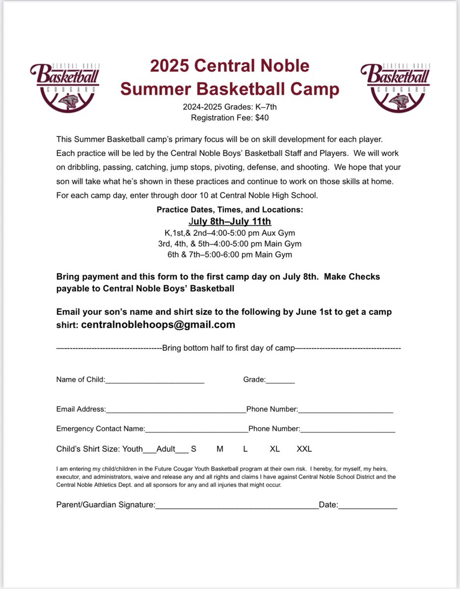 Central Noble Boys Basketball (@cncougarshoops) on Twitter photo Central Noble Boys Basketball will be holding a summer basketball camp from July 8th to July 11th. Fill out this form and bring $40 to the fist day of camp at the CN high school door 10. Please email your sonβs name and shirt size to centralnoblehoops@gmail.com by June 1st. Central Noble Boys Basketball will be holding a summer basketball camp from July 8th to July 11th. Fill out this form and bring $40 to the fist day of camp at the CN high school door 10. Please email your sonβs name and shirt size to centralnoblehoops@gmail.com by June 1st.