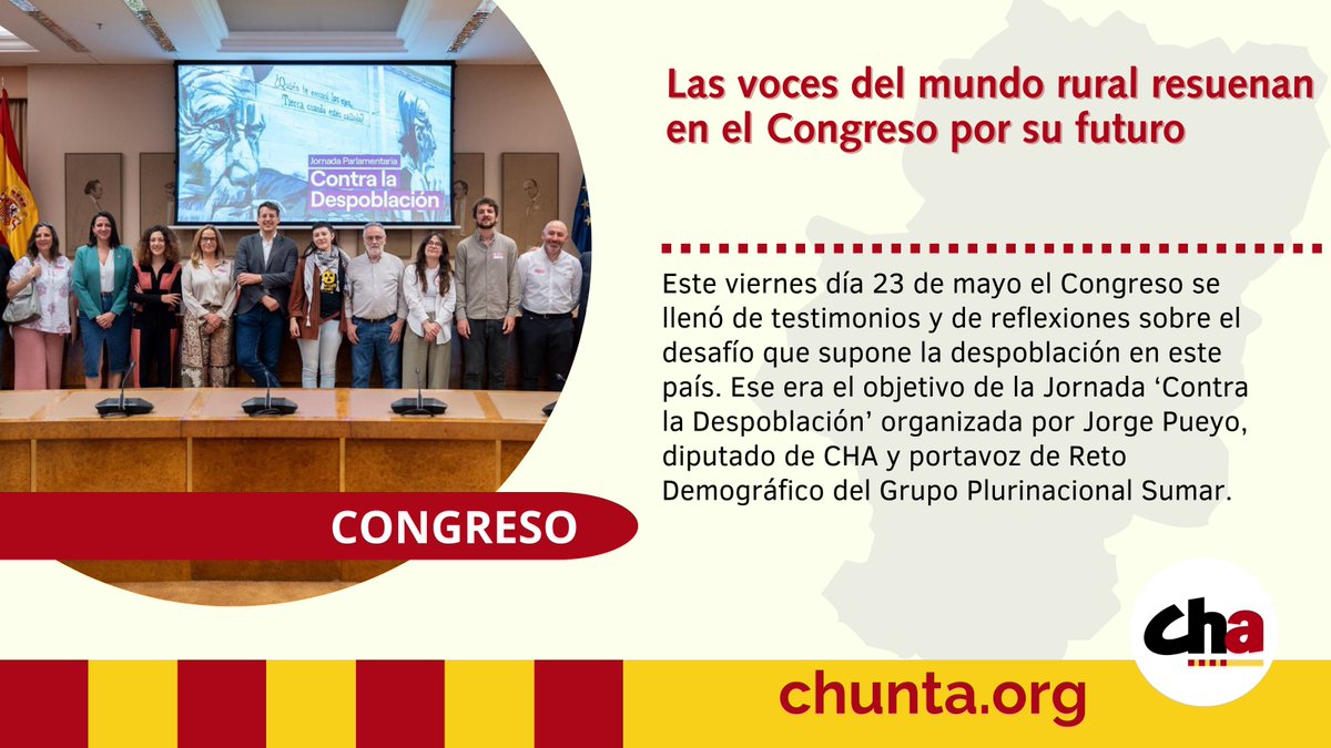 Las voces del mundo rural resuenan en el Congreso por su futuro.

Hemos escuchado testimonios y reflexiones sobre el desafío que supone la despoblación, en la Jornada ‘Contra la Despoblación’ organizada por <a href="/jorge_pueyo95/">Jorge Pueyo</a> , diputado de CHA.

🔗 chunta.org/las-voces-del-…