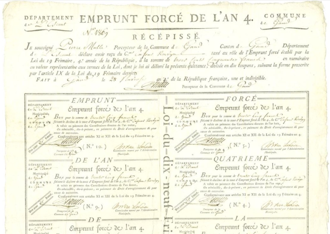 From the Origins of Value: 1795 French bond. Merchants were forced to loan money to the French Republic to soak up access liquidity. Here, 350 Francs was repayable by attached coupons in ten installments of 35 Francs. bit.ly/4mt3NEj  #ICF_FinancialHistoryFriday