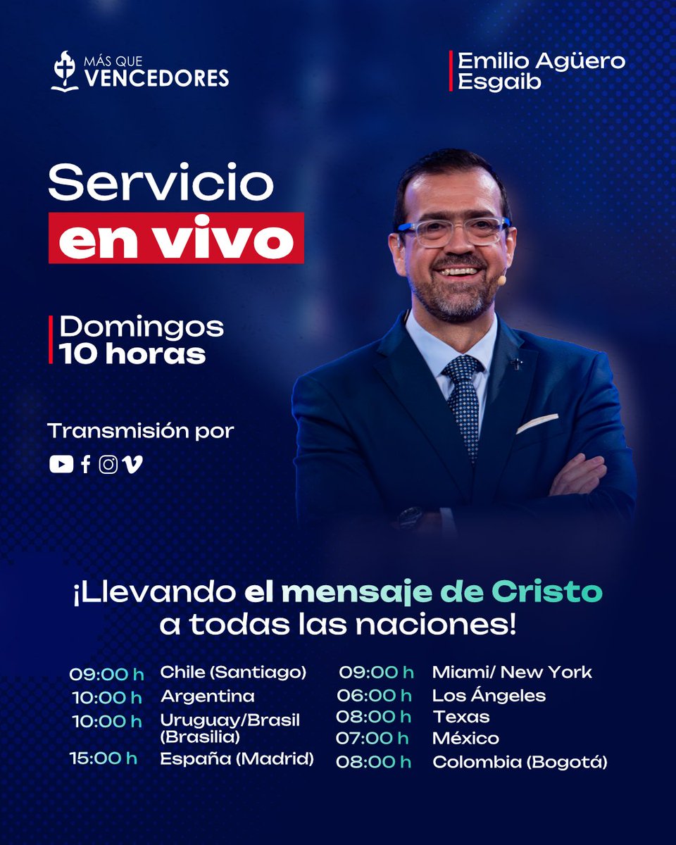 🌍✨ ¡El mensaje de Cristo no tiene fronteras!
Este domingo te esperamos para nuestro Servicio en Vivo con el Pr. Emilio Agüero Esgaib.
Un tiempo de adoración, enseñanza y dirección bíblica para todas las naciones.
📲 Conectate desde cualquier parte del mundo y se parte de lo que