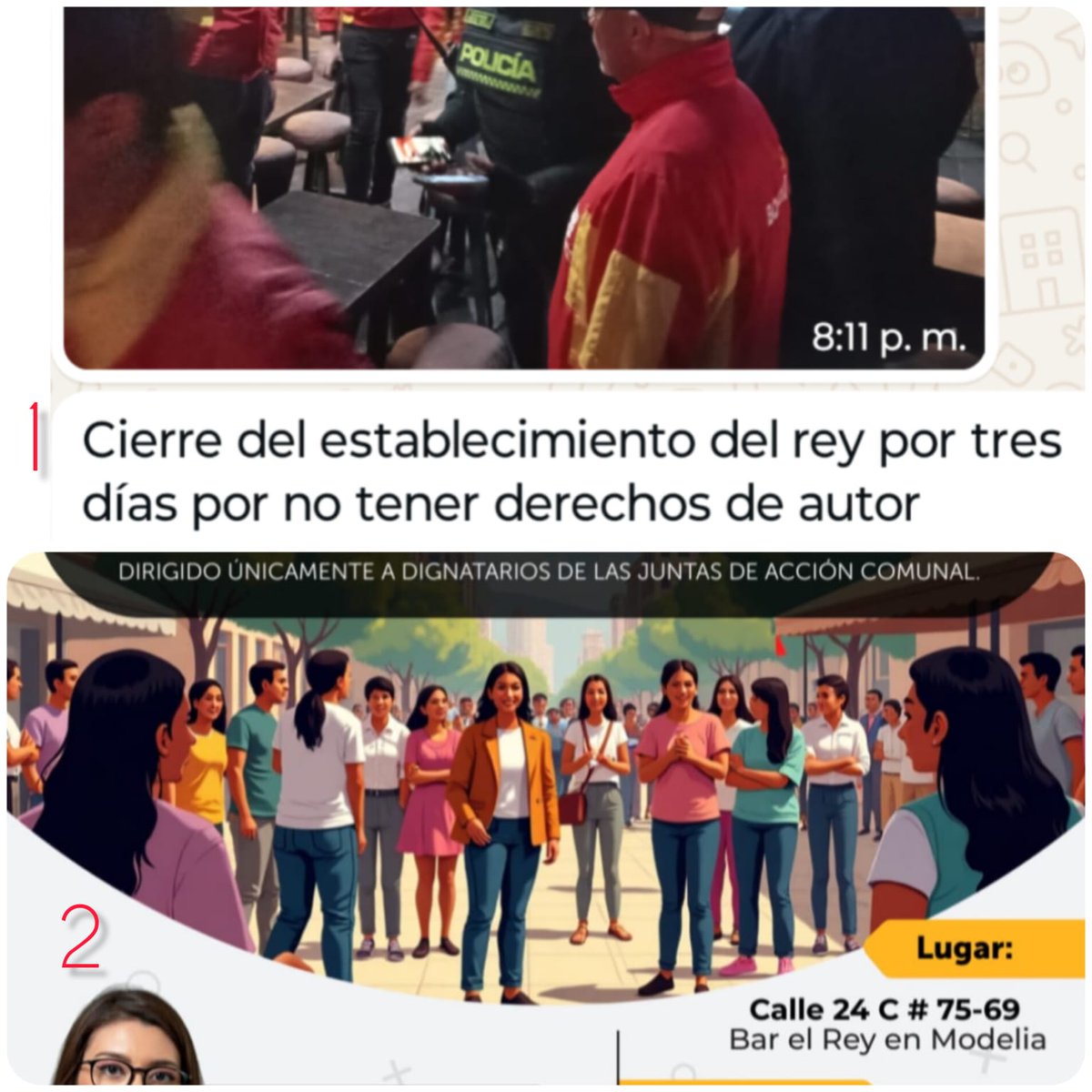 comitemodeliar1's tweet image. #QueTalEsto 
@Fontibon_Bogota @Bogota @CityNoticiasTv
En la imagen 1 la alcaldía local de Fontibón cierra el establecimiento "el rey" por no tener "derechos de autor"
En la imagen 2 en ese mismo bar  realizarán el día de la acción comunal. 
#ModeliaExigeRespeto #Indignante