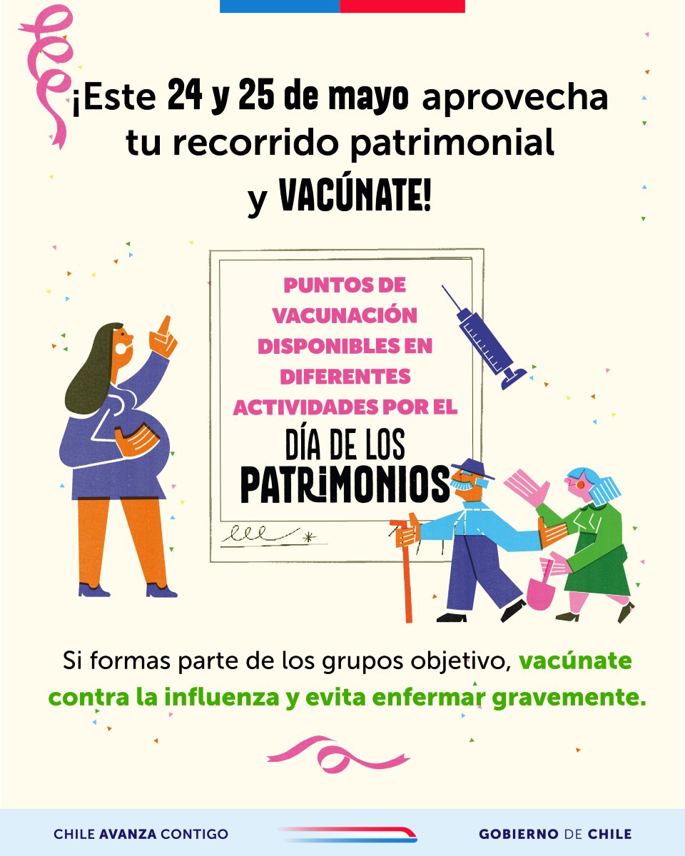 Disfruta del #DíaDeLosPatrimonios en tu región y aprovecha de vacunarte. Consulta con tu seremi o servicio de salud por lo puntos disponibles en el marco de esta actividad o ingresa en mevacuno.cl donde encontrarás el listado de todos los centros en tu zona