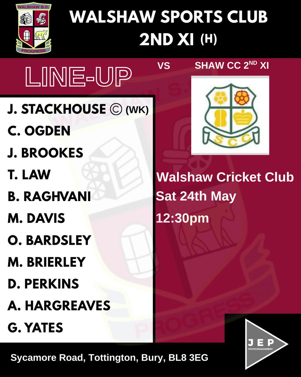 Walshaw Cricket (@walshawcricket) on Twitter photo 🏏THIS WEEKEND’S LINEUPS🏏
Saturday 12:30pm
<a href="/WoodbankCC/">Woodbank CC</a> 1XI vs Walshaw 1XI (A)
Walshaw 2XI vs <a href="/ShawCricketClub/">Shaw Cricket Club</a> 2XI (H)
Sunday 1:30pm
Walshaw 3XI vs <a href="/TottyStJohnsCC/">Tottington St Johns Cricket Club</a> (H)
👨🍳Harrisons serving:
Saturday: 12pm-8pm
Sunday: 12pm-6pm
All support is welcome!
#UTS 🏏THIS WEEKEND’S LINEUPS🏏
Saturday 12:30pm
<a href="/WoodbankCC/">Woodbank CC</a> 1XI vs Walshaw 1XI (A)
Walshaw 2XI vs <a href="/ShawCricketClub/">Shaw Cricket Club</a> 2XI (H)
Sunday 1:30pm
Walshaw 3XI vs <a href="/TottyStJohnsCC/">Tottington St Johns Cricket Club</a> (H)
👨🍳Harrisons serving:
Saturday: 12pm-8pm
Sunday: 12pm-6pm
All support is welcome!
#UTS
