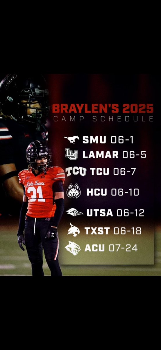 Michael “Braylen” Griffin (@brayleng211) on Twitter photo My Camp Schedule this summer! + <a href="/MoStateFootball/">Missouri State Football</a> on 6/11
<a href="/SMUFB/">SMU Football</a> <a href="/LamarFootball/">Lamar University Football</a> <a href="/TCUFootball/">TCU Football</a> <a href="/HCUFootball/">HCU Football</a> <a href="/UTSAFTBL/">UTSA Football 🏈</a> <a href="/TXSTATEFOOTBALL/">Texas State Football</a> <a href="/ACUFootball/">ACU Football</a> My Camp Schedule this summer! + <a href="/MoStateFootball/">Missouri State Football</a> on 6/11
<a href="/SMUFB/">SMU Football</a> <a href="/LamarFootball/">Lamar University Football</a> <a href="/TCUFootball/">TCU Football</a> <a href="/HCUFootball/">HCU Football</a> <a href="/UTSAFTBL/">UTSA Football 🏈</a> <a href="/TXSTATEFOOTBALL/">Texas State Football</a> <a href="/ACUFootball/">ACU Football</a>