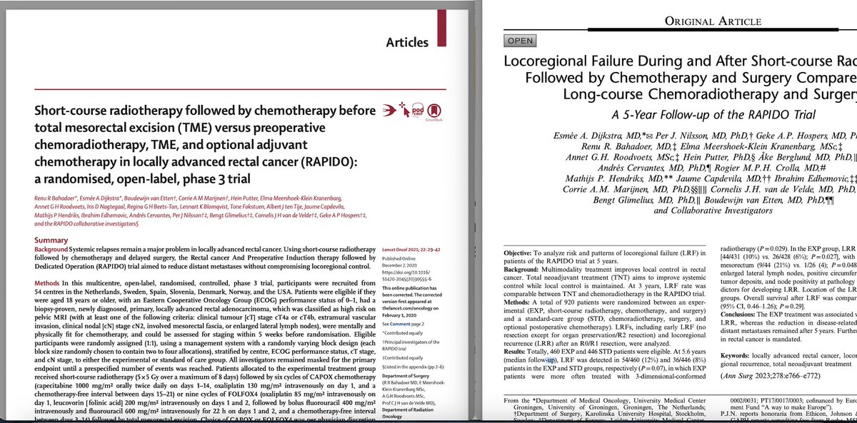 RAPIDO Trial: 
3 years: 
EXP treatment is associated with a decreased incidence of distant mets and an increased rate of pathological complete response (pCR), and comparable LRF rates to the STD treatment at 3 years of follow-up.

5 years:
With a longer follow-up, the rates of