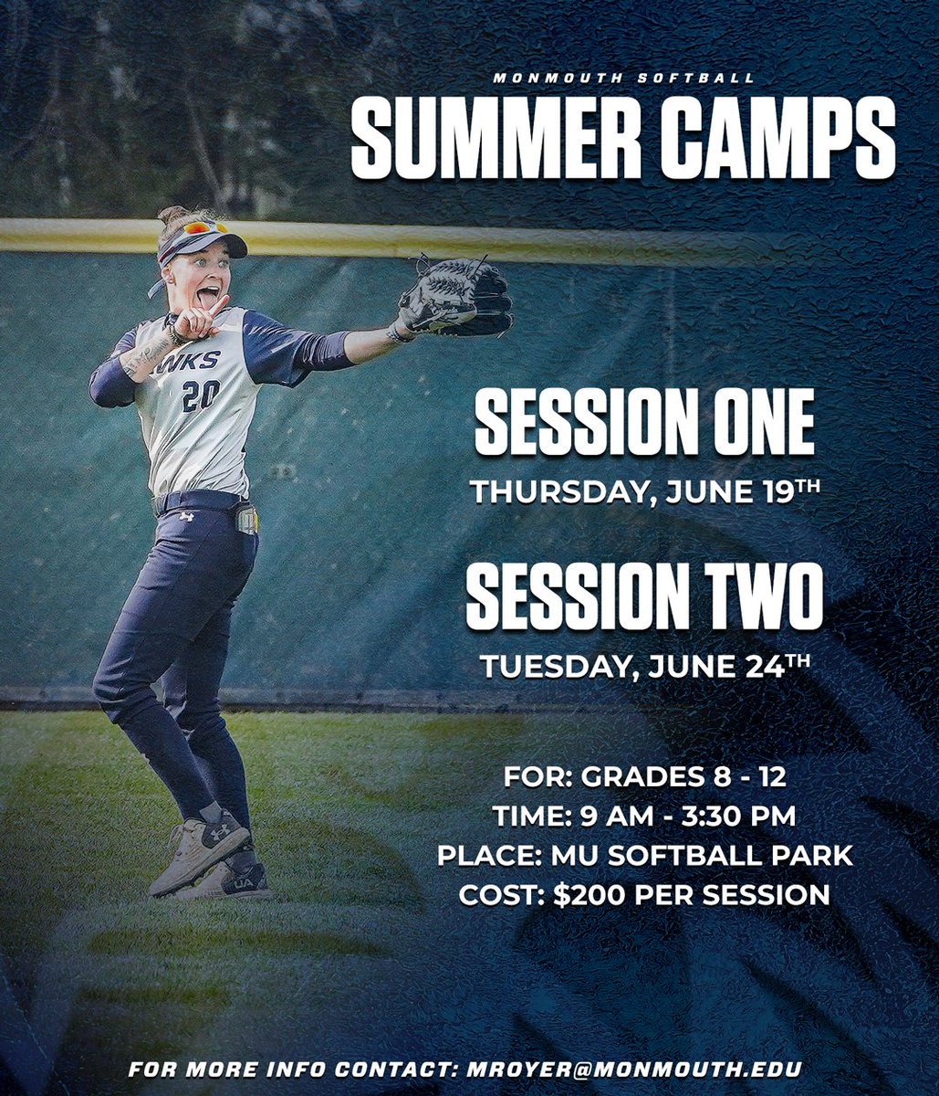 Join Monmouth Softball for our 2025 Summer Camps!

📅 Session One: Thursday, June 19
📅 Session Two: Tuesday, June 24

👉 Register using this link: softballcamps.monmouthhawks.com/index.cfm

📩 Questions? Contact mroyer@monmouth.edu

#FlyHawks