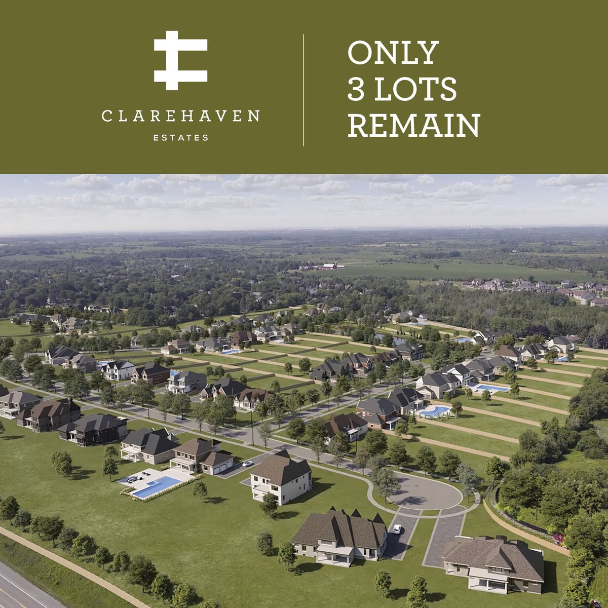Only 3 lots remain in Clarehaven Estates, Claremont’s award- winning community in North Pickering.

Take a look at The Sunset:
• 3-Car Garage
• Covered 3-Season Loggia
• Optional Loft
• Primary Bedroom with Ensuite &amp; Two Walk-In Closets

Visit: tinyurl.com/clrhvn25