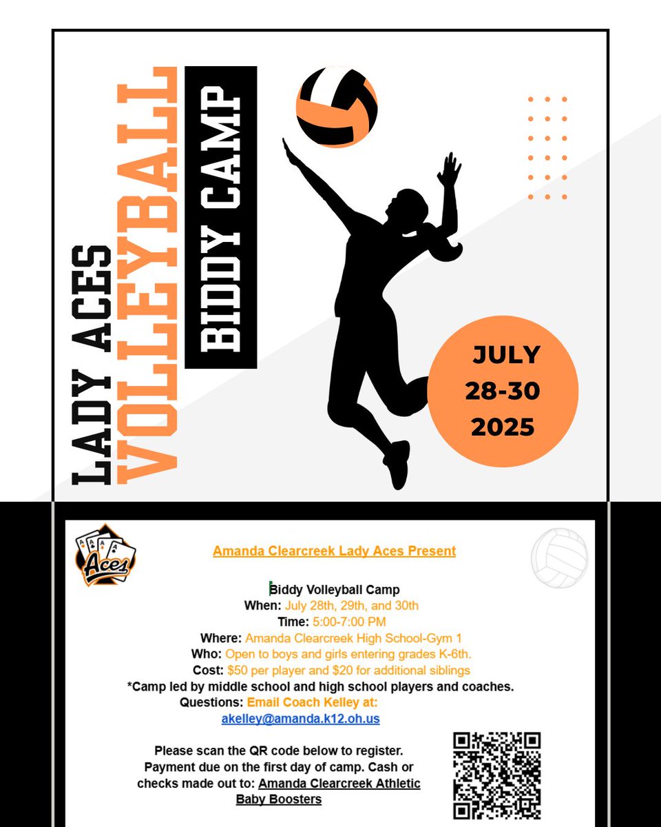SAVE THE DATE!  Add the Lady Aces Biddy Volleyball Camp to your summer calendars!  Camp will take place on July 28, 29, 30 in ACHS Gym 1.  Register today and and get ready to learn and have fun!
amanda.k12.oh.us/~board/distric…