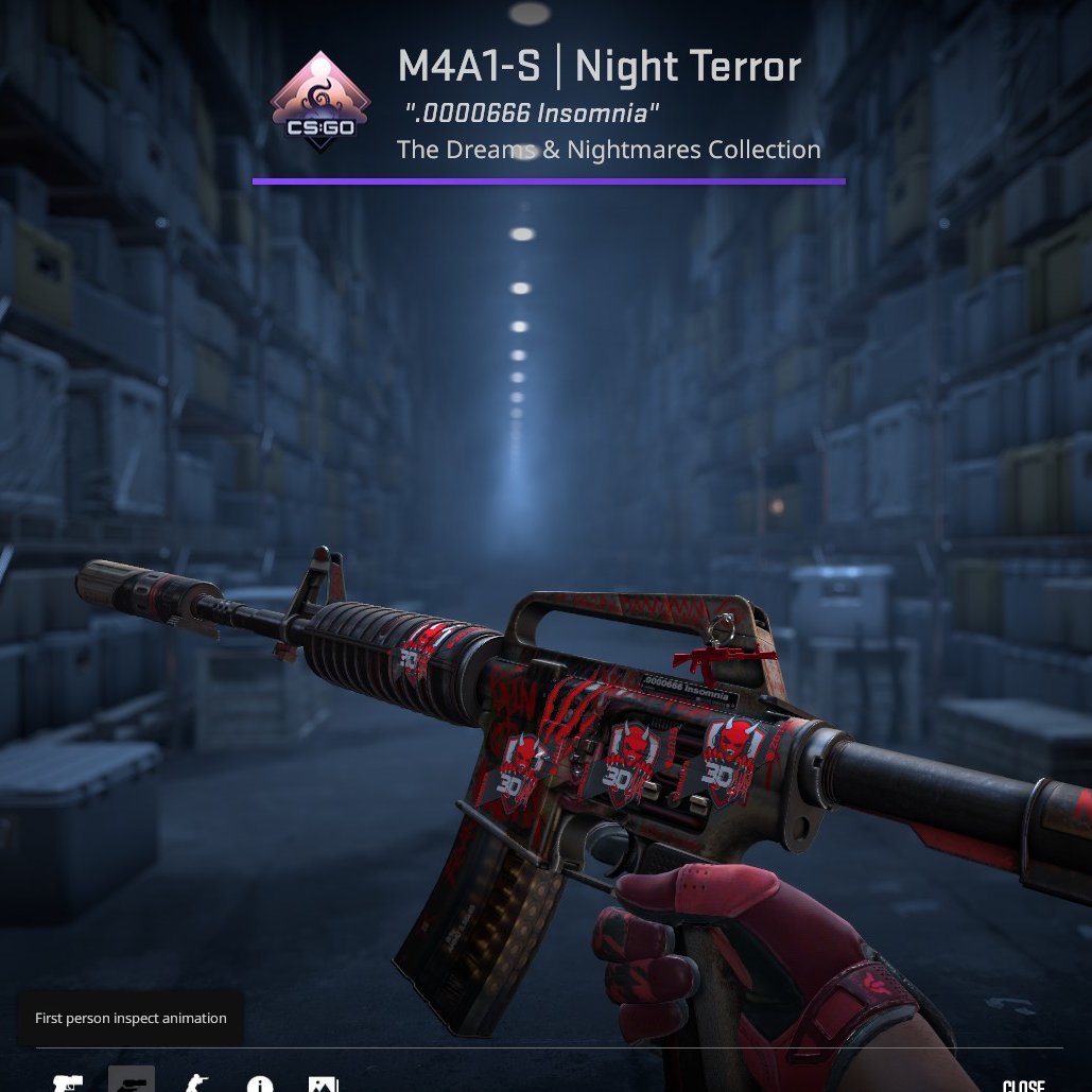 Loran75827's tweet photo. Crafted a 0.0000666 M4A1-S Night Terror. Applied 4x Katowice 2015 3D Max, 1x Battle Scarred under the 3D Max https://t.co/38vfcQL1ik