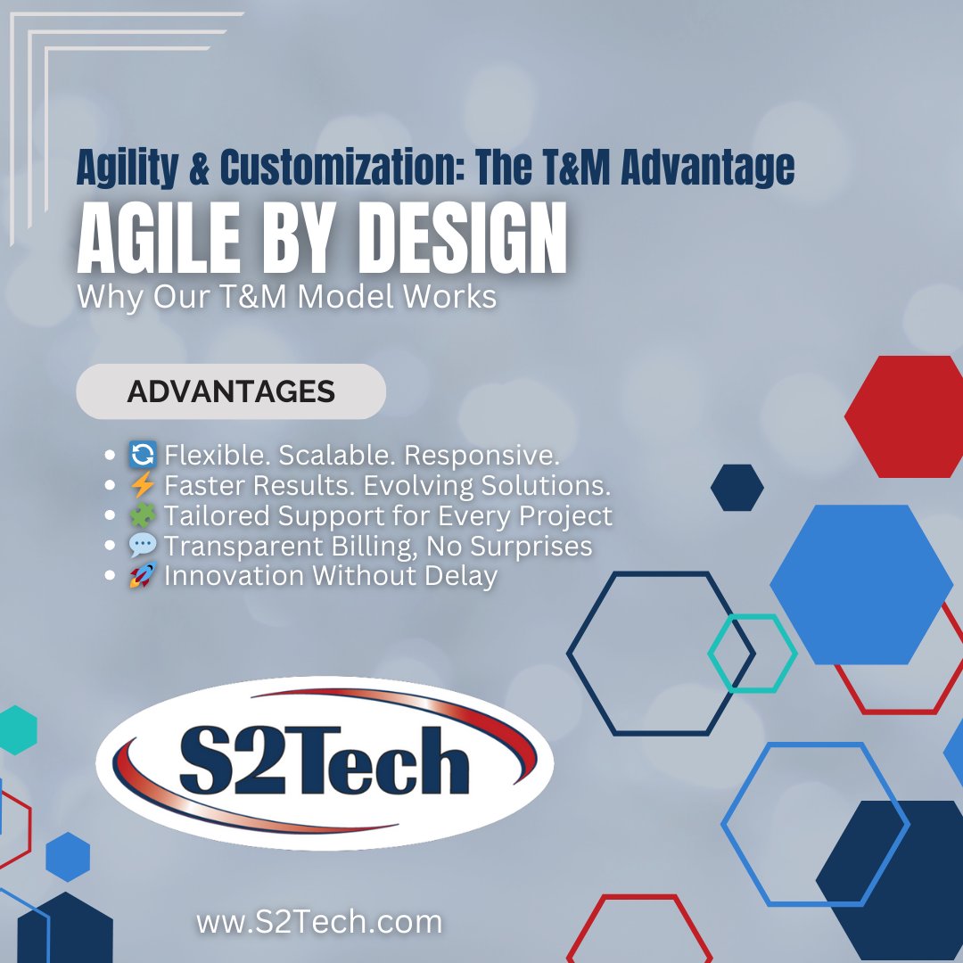 S2Tech’s Time &amp; Materials approach delivers faster results, tailored support, and transparent billing—no rigidity, just real impact.

📊 Discover the flexibility that drives success: S2Tech.com

#TandMWithS2Tech #AgileGovConsulting #BeyondStaffing