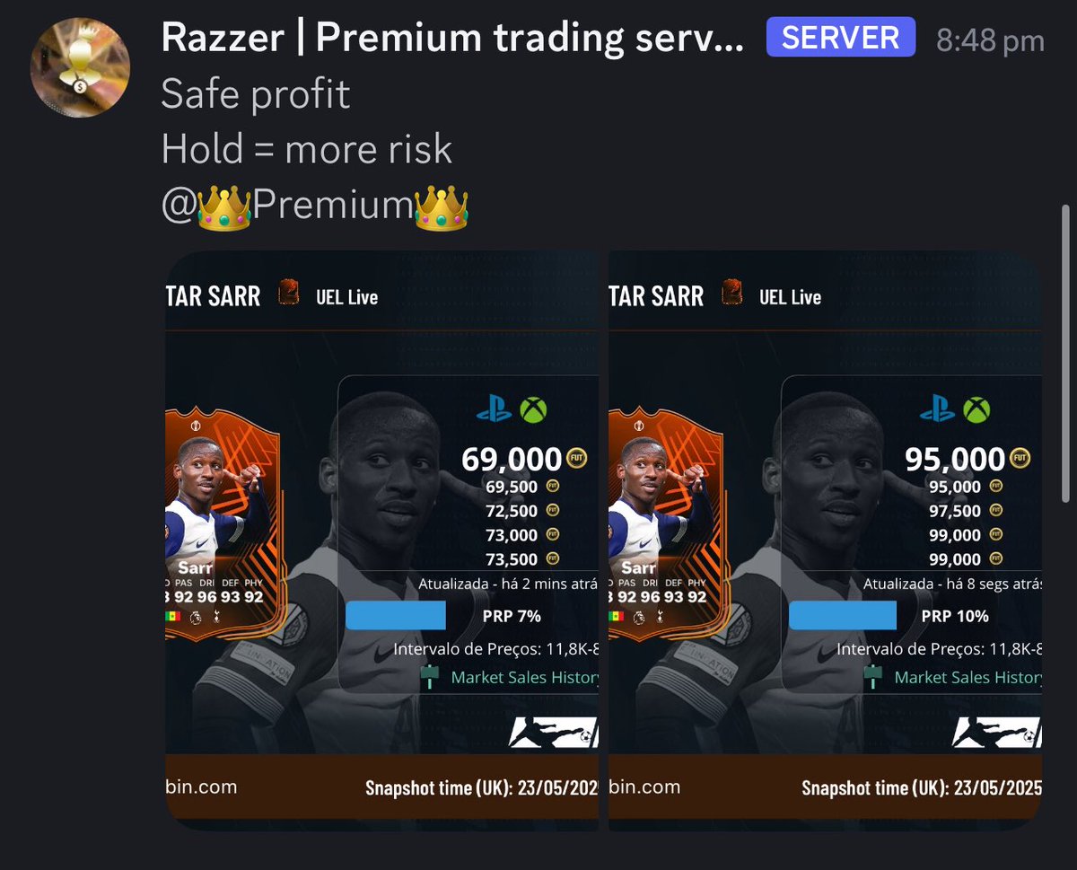 🚨 JOIN OUR PREMIUM SERVER NOW AND MAKE MILLIONS 🔥🔥

Solanke 115k 👉 170k
Johnson 685k 👉 780k
Romero 494k 👉 580k
Sarr 70k 👉 95k
Spence 62k 👉 75k

Incredible profits for a couple hours hold ✅✅

Free Group - discord.gg/razzer

#eafc