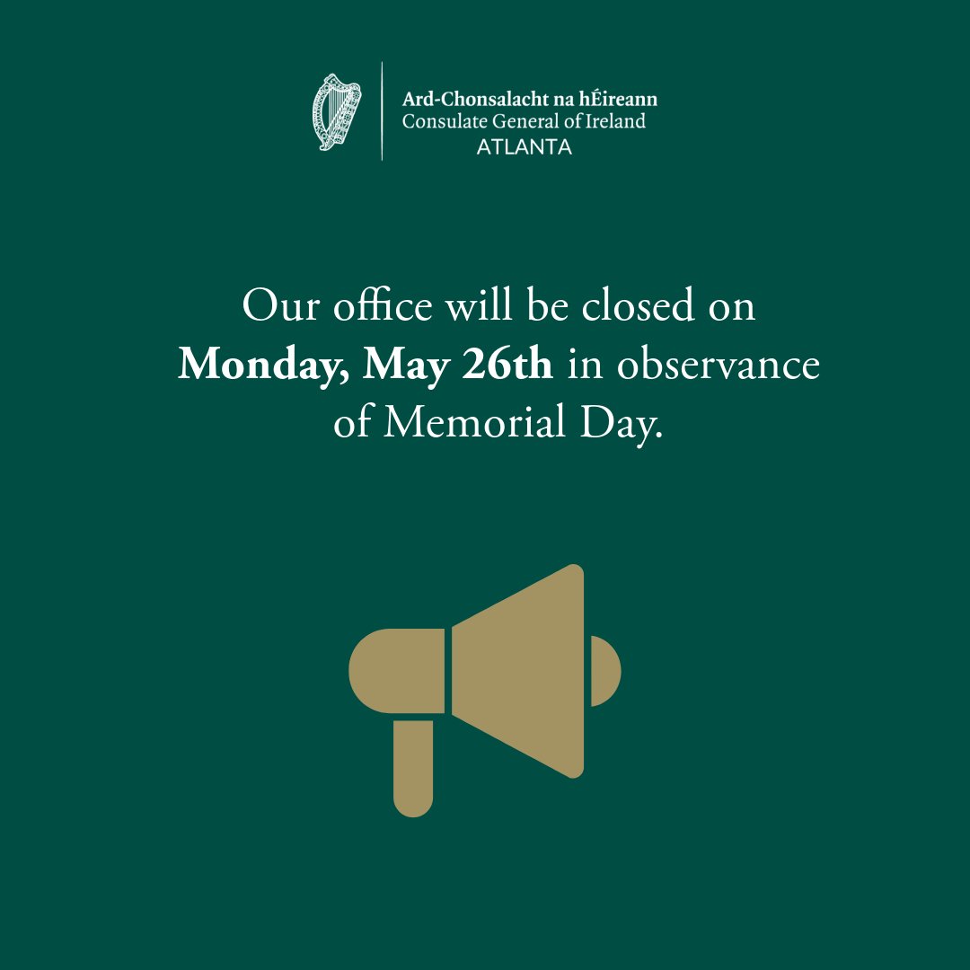 Our office will be closed on Monday, May 26th in observance of Memorial Day. 

Irish citizens experiencing a genuine emergency can call +1 404 554 4980 for consular assistance.