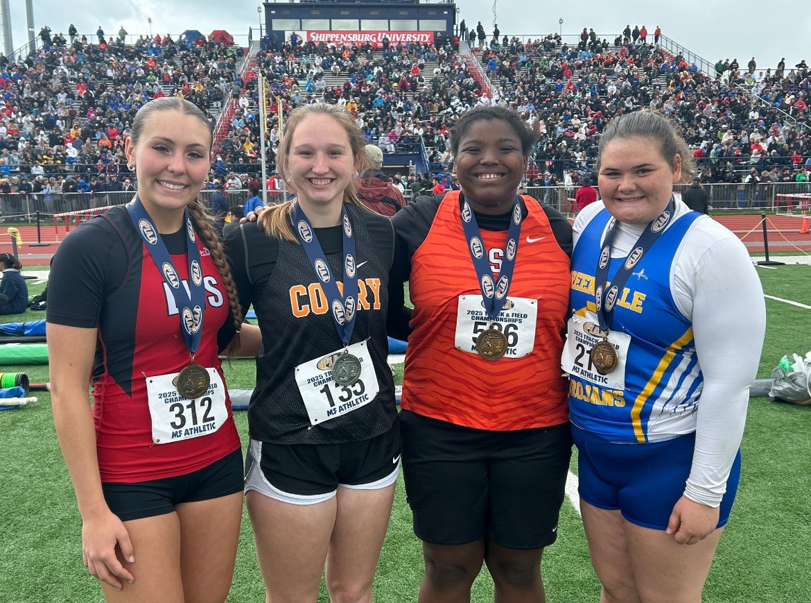 Great start to the 2025 PIAA State Championship! 8th place in disc with a throw of 117 feet! Four D10 girls on the discus podium!!