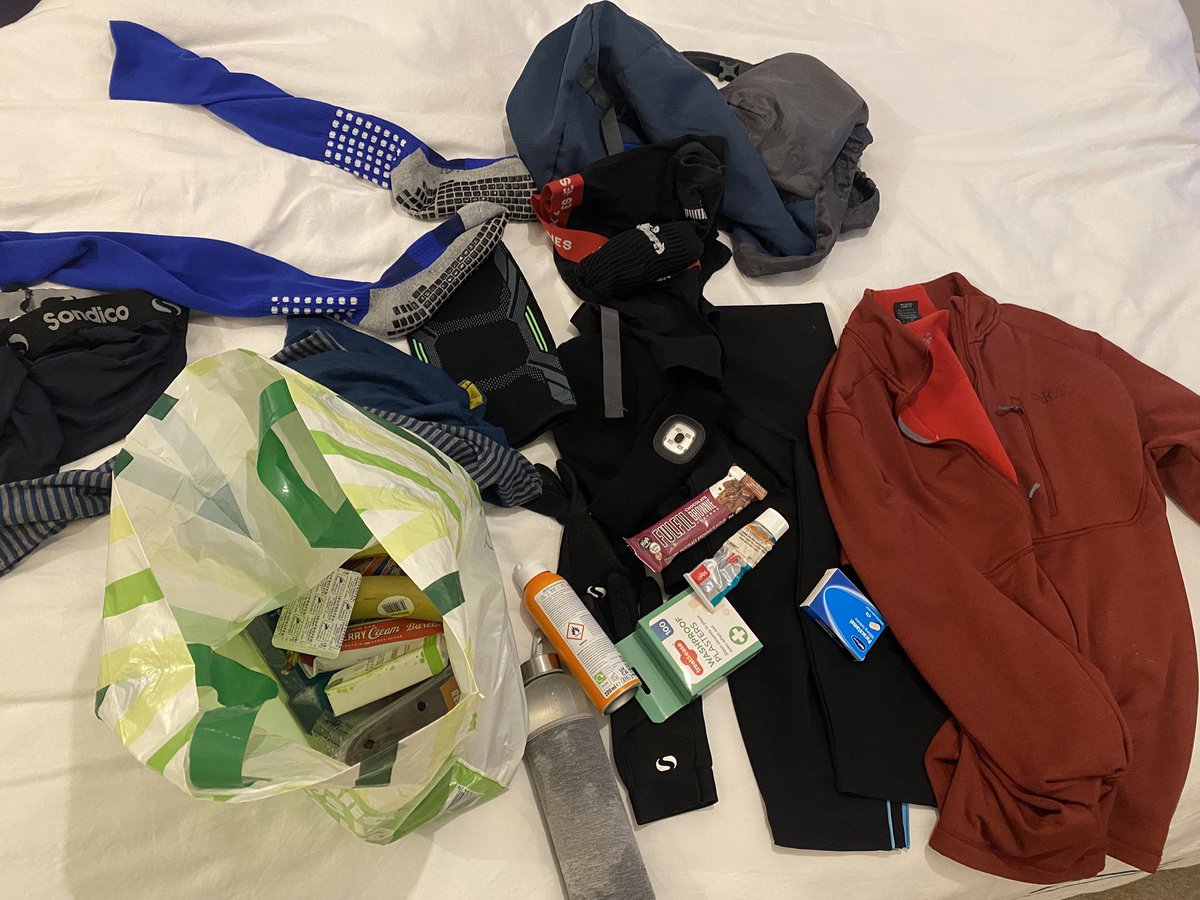 Early night. 5am start. Walk begins 7ish.
Already tripped over my bed and nearly snapped my leg. Great start!! 🤦‍♂️ 

Packed: knee brace, ibuprofen gel, anti-slip socks, tea, and enough protein bars to start a small cafe.

Half way there gear wise 🙌 
gofund.me/153b5868