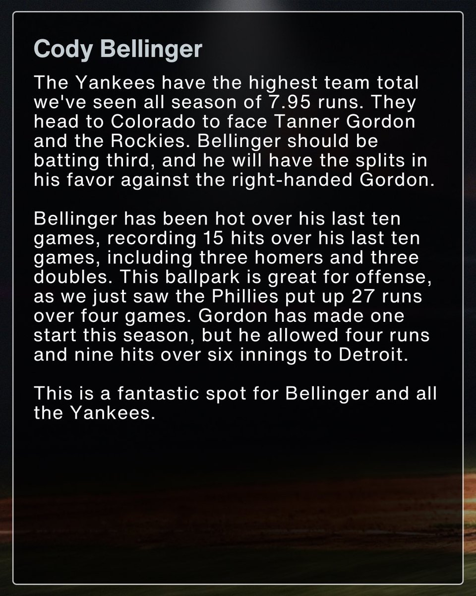 🏆 MLB Best Bet (5/23/25)
🔵 Cody Bellinger O1.5 Total Bases

Yankees have one of the highest expected totals of the season tonight, I think Cody will have a big game…

21+, gamble responsibly.