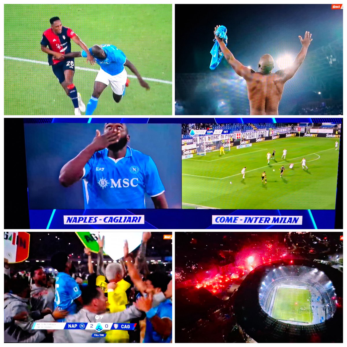 La folie à Naples: vainqueur 2-0 de Cagliari, le #Napoli est champion d'Italie 🇮🇹 pour la 4e fois de son histoire. 1but du Belge Lukaku en début de 2e période a libéré les spectateurs du stade San Paolo-Maradona 🏟 et tout le peuple napolitain 🌞 #NAPCAG #scudetto #serieA #calcio