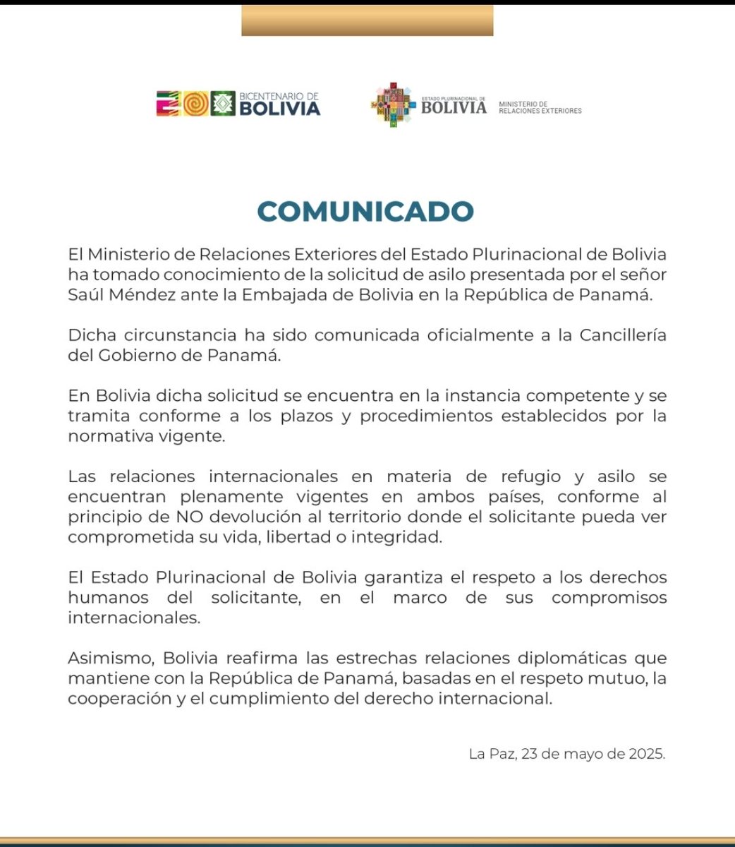 EdnaJaramillotv's tweet image. #Comunicado del Ministerio de Relaciones Exteriores del Estado Plurinacional de Bolivia, referente al análisis de la solicitud de asilo de Saúl Méndez, Secretario General del @SuntracsPanama.