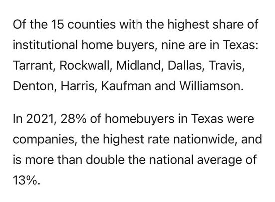 jjsheedy's tweet image. Investors purchasing SF homes, making it harder for ordinary families to achieve homeownership, is already a *huge* issue in TX. By incentivizing this behavior, #SB1567 will only make homeownership more expensive &amp;amp; less attainable for ordinary Texans. 2/4
star-telegram.com/news/business/…