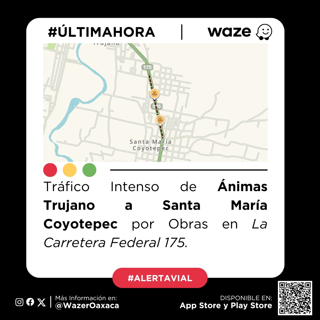wazeroaxaca's tweet image. 🚨 Tráfico en MEX-175 / Oaxaca - Puerto Ángel
Wazer de Oaxaca, nuestro sistema reporta:
📍 Tráfico muy intenso en la ruta.
📏 Velocidad promedio: 3.58 km/h
⏰ Duración del viaje: ~16 minutos
📷 Última actualización: 14:50 horas
¡Busca rutas alternas! ¿Cómo está tu zona? @waze