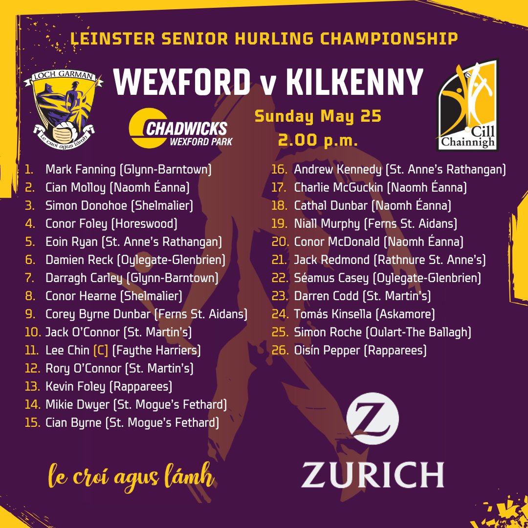 Wexford GAA (@officialwexgaa) on Twitter photo Here's our senior hurling team, proudly supported by <a href="/Zurich_Irl/">Zurich Ireland🇮🇪</a>, for Sunday's match v Kilkenny in <a href="/ChadwicksIE/">CHADWICKS</a> Wexford Park. Let's hope we can finish the campaign with a win.
🎟️am.ticketmaster.com/gaa/leinstersh… and SuperValu & Centra stores
📲Live updates here, with ESET
📻South East Here's our senior hurling team, proudly supported by <a href="/Zurich_Irl/">Zurich Ireland🇮🇪</a>, for Sunday's match v Kilkenny in <a href="/ChadwicksIE/">CHADWICKS</a> Wexford Park. Let's hope we can finish the campaign with a win.
🎟️am.ticketmaster.com/gaa/leinstersh… and SuperValu & Centra stores
📲Live updates here, with ESET
📻South East