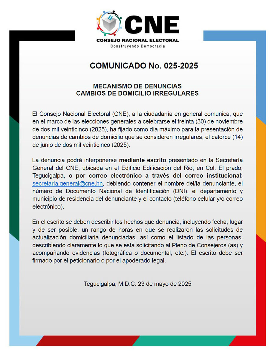 COMUNICADO No. 025-2025
MECANISMO DE DENUNCIAS CAMBIOS DE DOMICILIO IRREGULARES