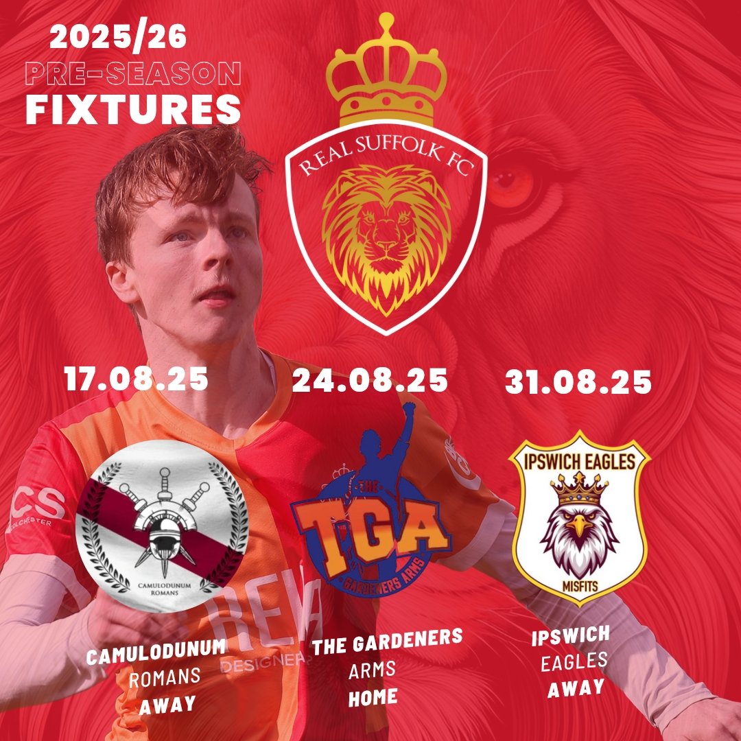 Real Suffolk FC (@realsuffolkfc) on Twitter photo Our short pre-season schedule for next season, looking forward to playing against new sides, will be tough but will get us ready for our league campaign ❤💛🦁 <a href="/THEROMANSFC/">CAMULODUNUM ROMANS</a> <a href="/G_ArmsFC/">Gardeners Arms FC</a> <a href="/Ipswicheaglesfc/">Ipswich Eagles FC</a> Our short pre-season schedule for next season, looking forward to playing against new sides, will be tough but will get us ready for our league campaign ❤💛🦁 <a href="/THEROMANSFC/">CAMULODUNUM ROMANS</a> <a href="/G_ArmsFC/">Gardeners Arms FC</a> <a href="/Ipswicheaglesfc/">Ipswich Eagles FC</a>