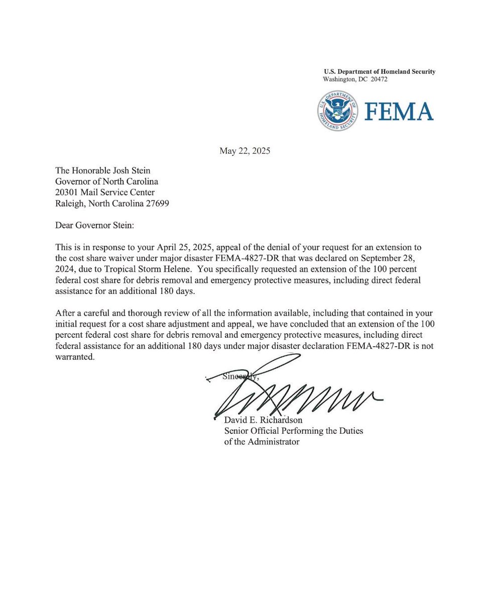 Congratulations, North Carolina. You’re on your own and your FEMA request is “not warranted.”

Read ⬇️