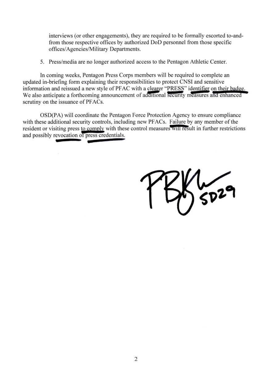 We’re announcing additional credentialing procedures for press at the Pentagon in the interest of national security.