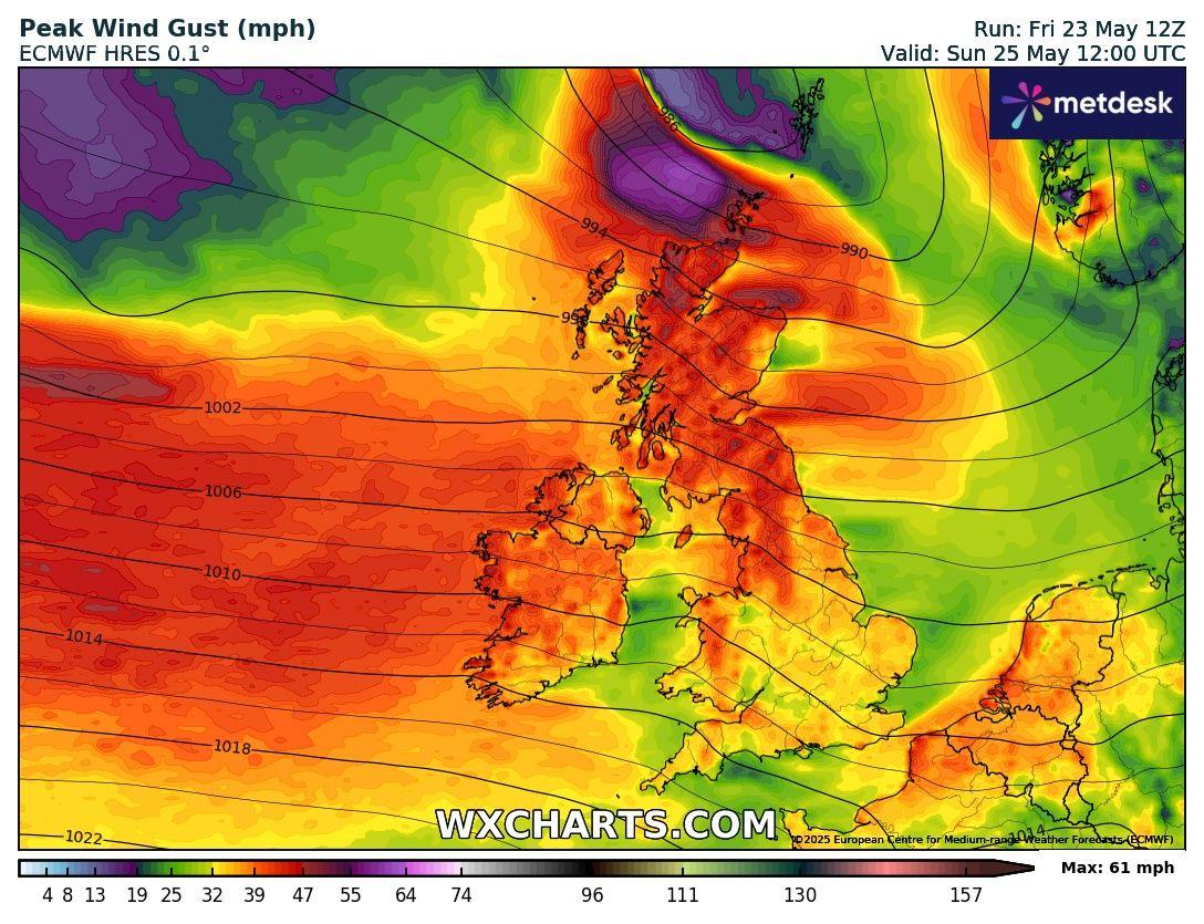 SUNDAY

Cooler and notably windy. Very windy for a time around lunchtime, especially so in any showers which will whizz through &amp; could be thundery.  

Potential for 40mph+ gusts in a few places. Secure that garden furniture that's been out for weeks on end. 😂

Max 15°C Min 6°C