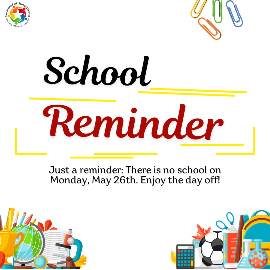 Just a reminder: There is no school on Monday, May 26th. Enjoy the day off!

Recordatorio: No hay escuela el lunes 26 de mayo. ¡Disfruten el día libre!

#SBPSD #SBPSDstrong #NoSchool #MemorialDay