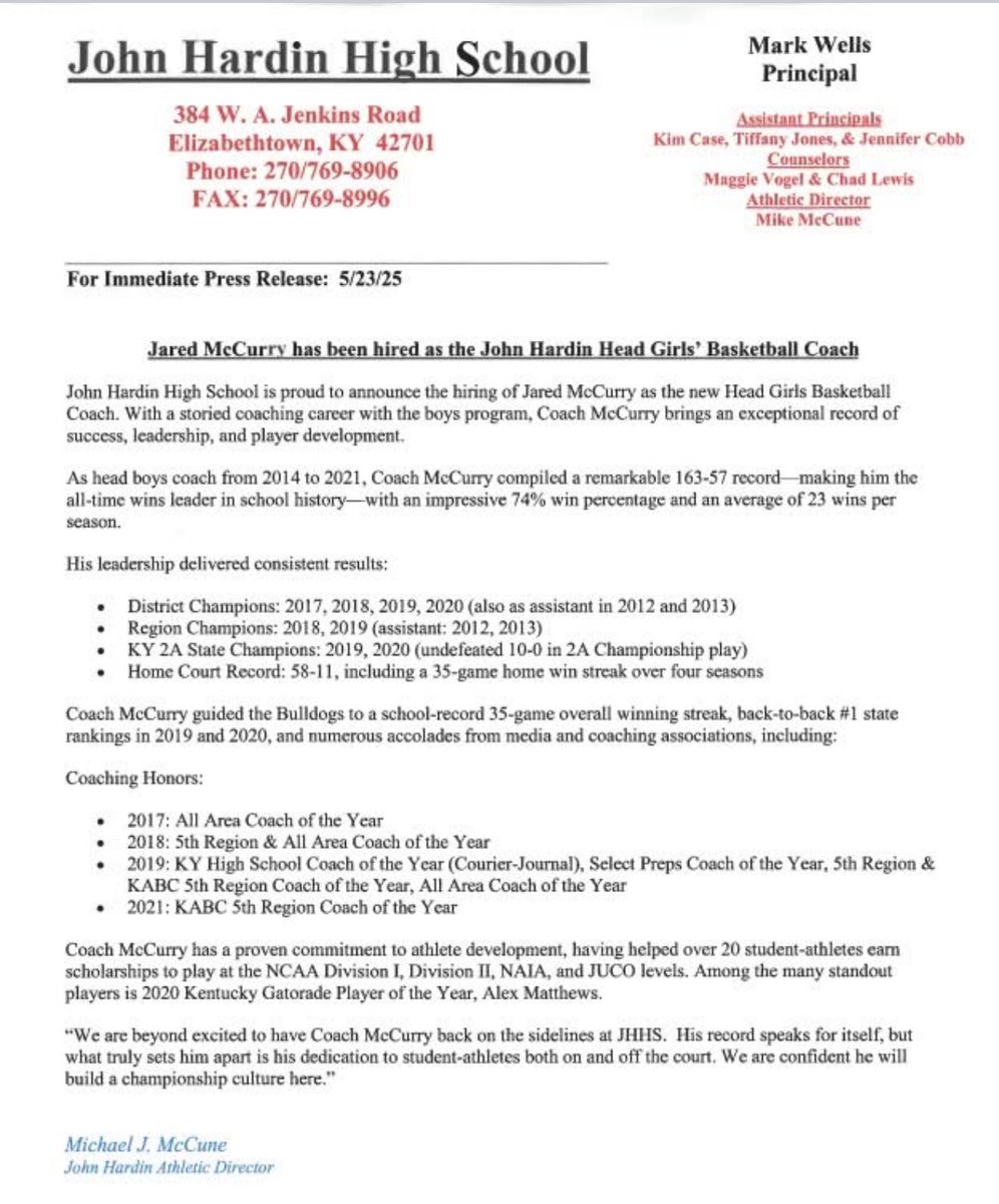 📣 We are very excited to announce Coach McCurry as New Head Girls Coach!  🔴⚫️

As Head Boys Coach from ‘14-‘21
• 163-57  - All time wins leader
• ‘19 &amp; ‘20 - 2A State Champions 
• ‘18 &amp; ‘19 - Region Champions 
• 2019 Ky Coach of the Year
• And More 🔻🔻🔻
