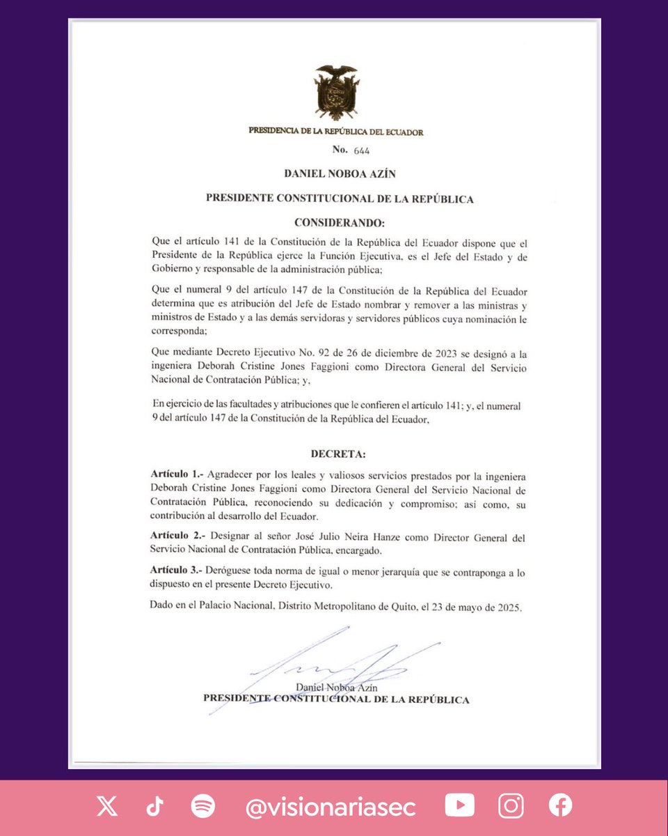 #ATENCIÓN | Cambios en Carondelet.  José Julio Neira es el nuevo Director del SERCOP. 

El Presidente Daniel Noboa lo anunció hoy en la entrevista con VISIONARIAS, que van a depurar el sector de contratación pública. 

En el cargo estaba Deborah Cristine Jones Faggioni.

#Sercop