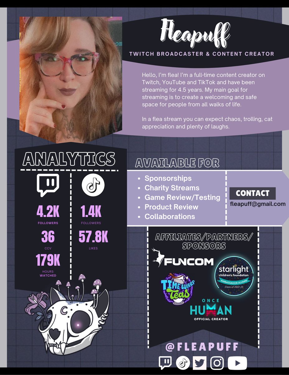 Been really hesitant to make one of these because imposter syndrome...buttttt here we go!

Hi, I'm Flea. I'm a goth lady, cat mom and full time broadcaster. Feel free to contact me for opportunities! 🥰