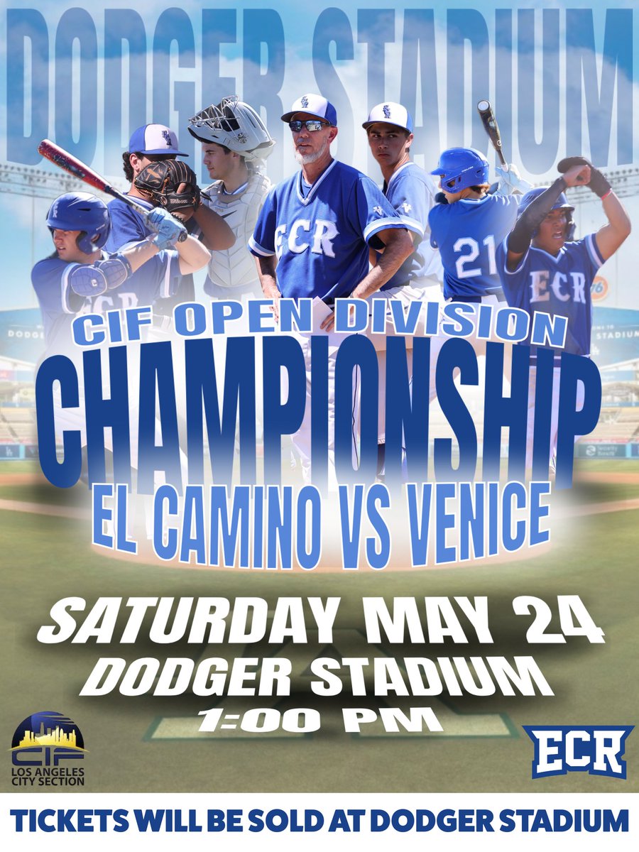 El Camino Real Charter High School (@ecrchs) on Twitter photo See you soon, Royals โพ๐
ECR vs. Venice โ CIF Open Division Championship
- ๐๏ธ Sat, May 24 | ๐ 1PM | ๐Dodger Stadium
- ๐๏ธ Tickets will be sold at Lot G (credit card only) โ $15 GA | $12 Students/Seniors | Kids under 4 FREE
- ๐
ฟ๏ธ Free Parking in Lot G (enter via Vin Scully Ave) See you soon, Royals โพ๐
ECR vs. Venice โ CIF Open Division Championship
- ๐๏ธ Sat, May 24 | ๐ 1PM | ๐Dodger Stadium
- ๐๏ธ Tickets will be sold at Lot G (credit card only) โ $15 GA | $12 Students/Seniors | Kids under 4 FREE
- ๐
ฟ๏ธ Free Parking in Lot G (enter via Vin Scully Ave)