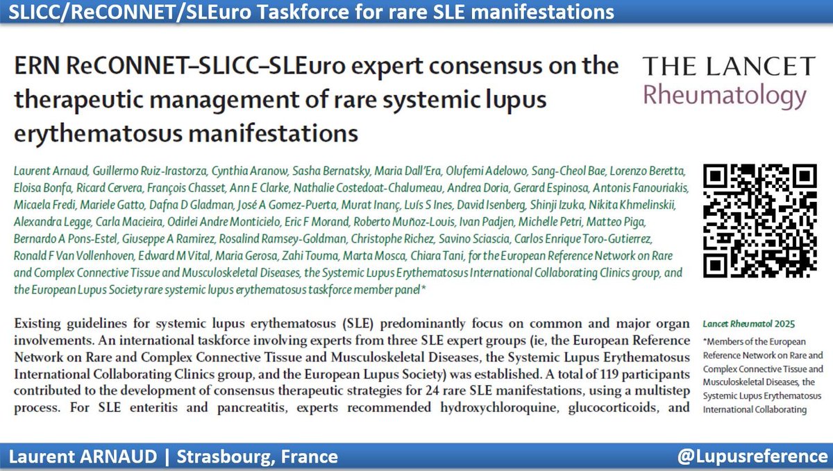 🚨 ERN ReCONNET - SLICC - SLEuro expert #consensus on the therapeutic management of RARE systemic #lupus erythematosus manifestations ⬇️
CHECK LINK: doi.org/10.1016/S2665-…