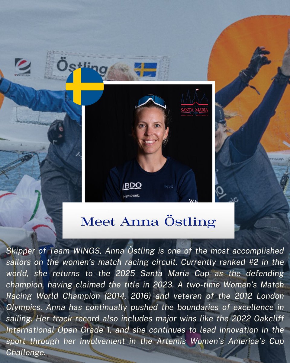 Closing our 2025 skipper lineup: Anna Östling of Team Wings! 🪽⛵️🇸🇪
World #2 &amp; 2023 Santa Maria Cup champ, Anna brings Olympic grit &amp; world titles to Annapolis.

Will she defend her title this June? 🏆

#SantaMariaCup #AnnaÖstling #TeamWINGS #WomensMatchRacing #Annapolis2025