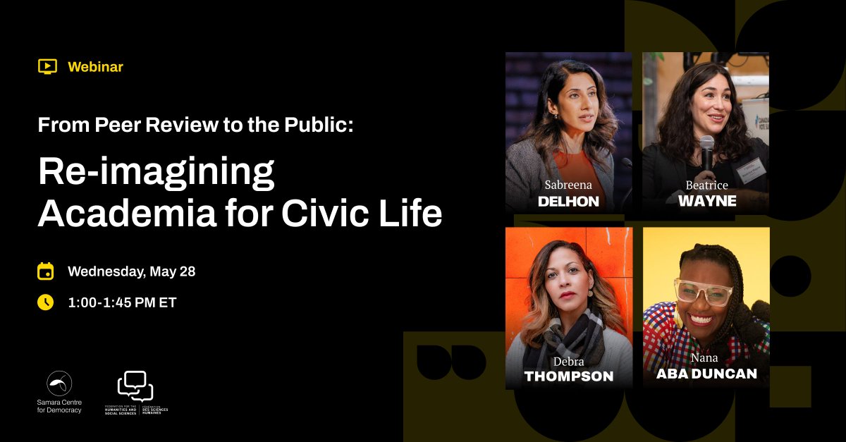 Democracy is under strain—and so is academic freedom. How can scholars help defend civic life and support democracy in Canada? Join us and <a href="/federation_hss/">Federation for the Humanities and Social Sciences</a> at our webinar: May 28 at 1pm EST to explore the role of the humanities + social sciences. buff.ly/hrh8ghM