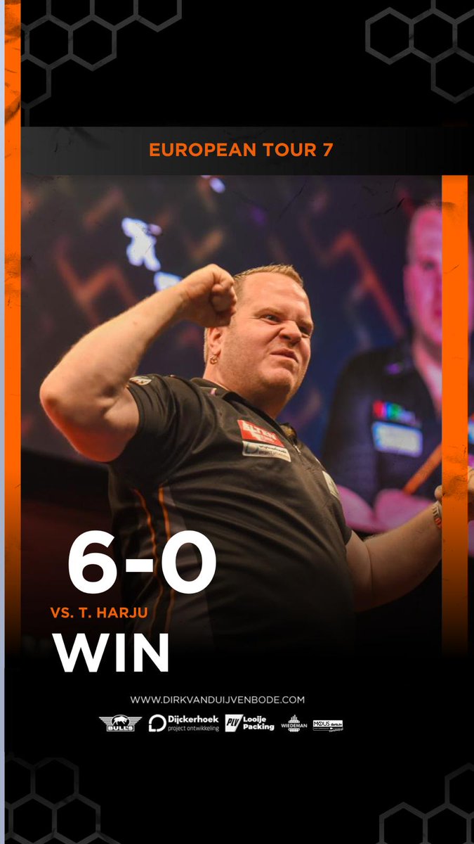 Dirk van Duijvenbode (@duivee) on Twitter photo β
Job done
Pleased to get the win, and happy with my performance tonight. The crowd were amazing!
See you tomorrow ππ³π±
<a href="/ModusDarts180/">MODUS Sports</a> <a href="/BullsDartsNL/">Bull's Darts NL</a>
Looije Packing
Dijckerhoek
Wiedeman β
Job done
Pleased to get the win, and happy with my performance tonight. The crowd were amazing!
See you tomorrow ππ³π±
<a href="/ModusDarts180/">MODUS Sports</a> <a href="/BullsDartsNL/">Bull's Darts NL</a>
Looije Packing
Dijckerhoek
Wiedeman