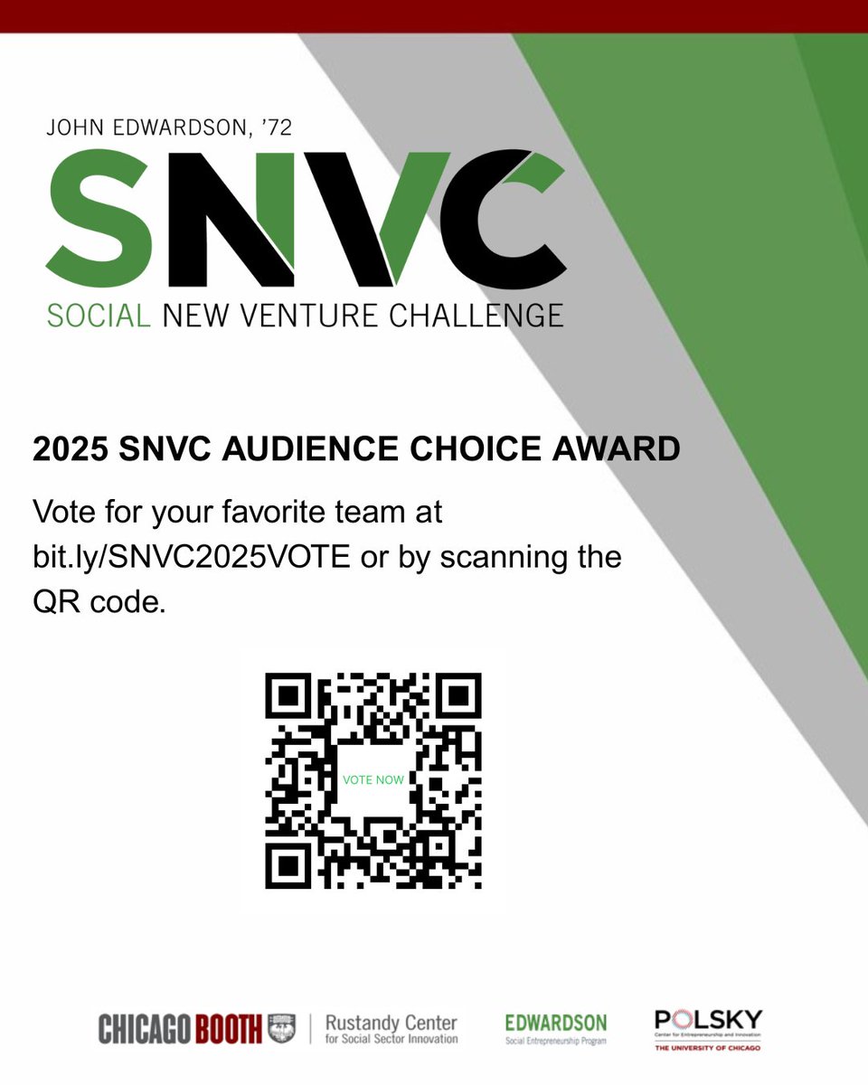 Vote for your favorite <a href="/UChicago/">The University of Chicago</a> social venture startup. 15 teams are competing for the Edwardson 15th SNVC Audience Choice Award. Watch their pitches at bit.ly/SNVC2025ACA and submit your vote here: bit.ly/SNVC2025VOTE.
#SNVC #socialentrepreneurs #socialinnovation