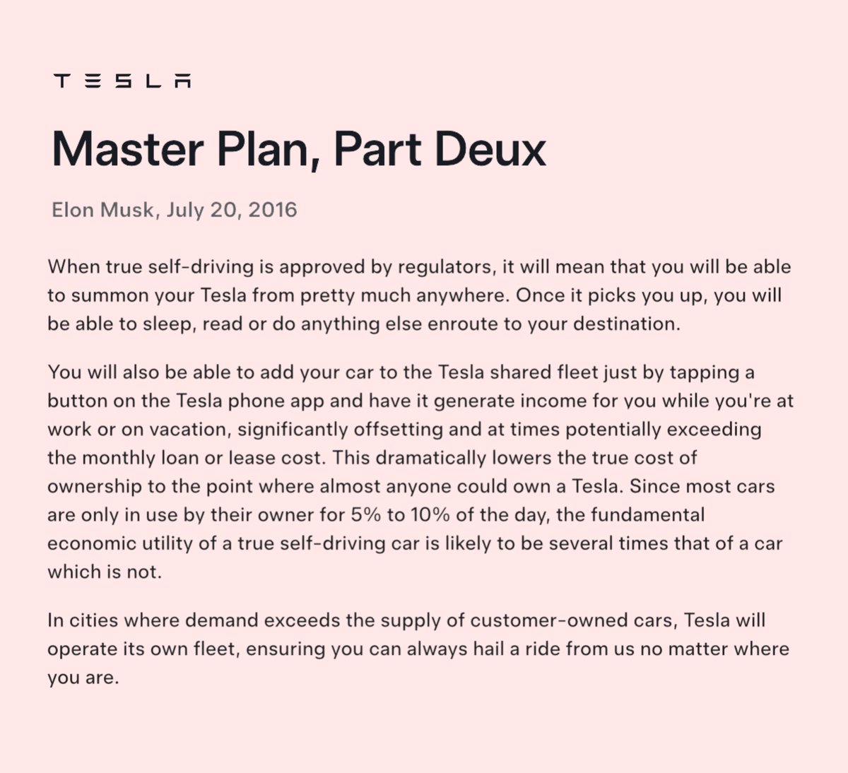The Master Plan is coming into fruition.

Almost 10 years later, Tesla is on the verge of Unsupervsied Full Autonomy. 

<a href="/elonmusk/">Elon Musk</a> outlined his plan in 2016, now it’s becoming a reality.