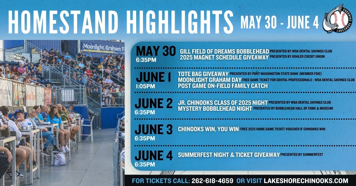 Homestand #1 is loaded! ⚾ Our first homestand (May 30–June 4) has something for everyone — giveaways, family catch on the field, and your Chinooks back in action at Moonlight Graham Field! 

🎟️ Get your tickets now at tinyurl.com/LSC25SGT or call 262-618-4659!