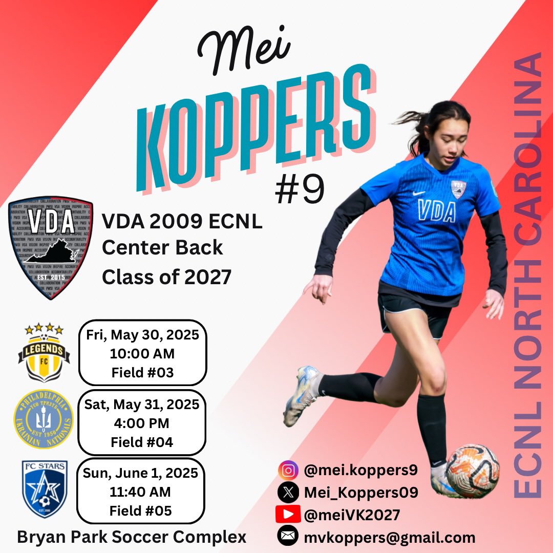 Mei Koppers (@mei_koppers09) on Twitter photo Excited to compete with my team, @vda2009ecnl, in the #ecnlnc
Showcase next week! Let's go VDA!
<a href="/bobbypup/">Bobby Puppione</a> <a href="/vdasoccer/">Virginia DevAcademy</a> <a href="/ECNLgirls/">ECNL Girls</a> <a href="/TopDrawerSoccer/">TopDrawerSoccer</a> <a href="/PrepSoccer/">Prep Soccer ⚽️</a> <a href="/TheSoccerWire/">SoccerWire</a> <a href="/ImYouthSoccer/">ECNL/GA/Recruiting/College Soccer</a> Excited to compete with my team, @vda2009ecnl, in the #ecnlnc
Showcase next week! Let's go VDA!
<a href="/bobbypup/">Bobby Puppione</a> <a href="/vdasoccer/">Virginia DevAcademy</a> <a href="/ECNLgirls/">ECNL Girls</a> <a href="/TopDrawerSoccer/">TopDrawerSoccer</a> <a href="/PrepSoccer/">Prep Soccer ⚽️</a> <a href="/TheSoccerWire/">SoccerWire</a> <a href="/ImYouthSoccer/">ECNL/GA/Recruiting/College Soccer</a>