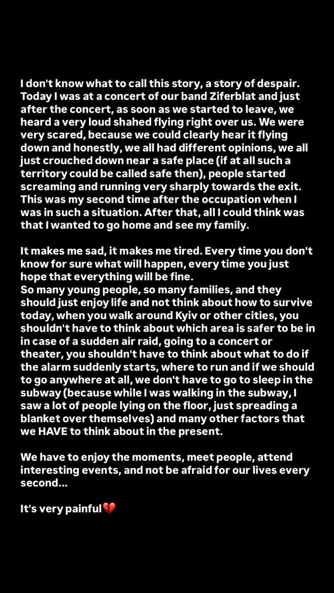 alexxxaab's tweet image. so this is my story after Ziferblat concert , the concert of my dream , concert that I’ve been waiting for since last year …
This is how Ukrainians people live now 💔