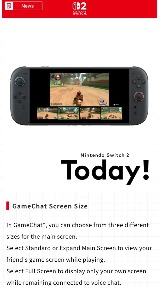 NinSwitch2News's tweet image. On the Nintendo Today! App, (May 24th 2025) You can get information and a video about GameChat screen size!