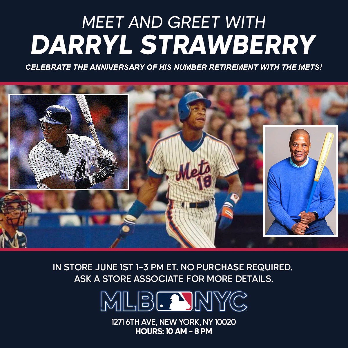MLB Store (@mlbstorenyc) on Twitter photo Sunday, June 1st from 1pm to 3pm at MLB NYC! 🍓
Stop by for a Meet & Greet with Darryl Strawberry to commemorate the one year anniversary of his jersey retirement with the <a href="/Mets/">New York Mets</a>! Come see the 8x All-Star, 4x World Series Champ & 2x Silver Slugger at MLB NYC!
#MLBStoreNYC Sunday, June 1st from 1pm to 3pm at MLB NYC! 🍓
Stop by for a Meet & Greet with Darryl Strawberry to commemorate the one year anniversary of his jersey retirement with the <a href="/Mets/">New York Mets</a>! Come see the 8x All-Star, 4x World Series Champ & 2x Silver Slugger at MLB NYC!
#MLBStoreNYC